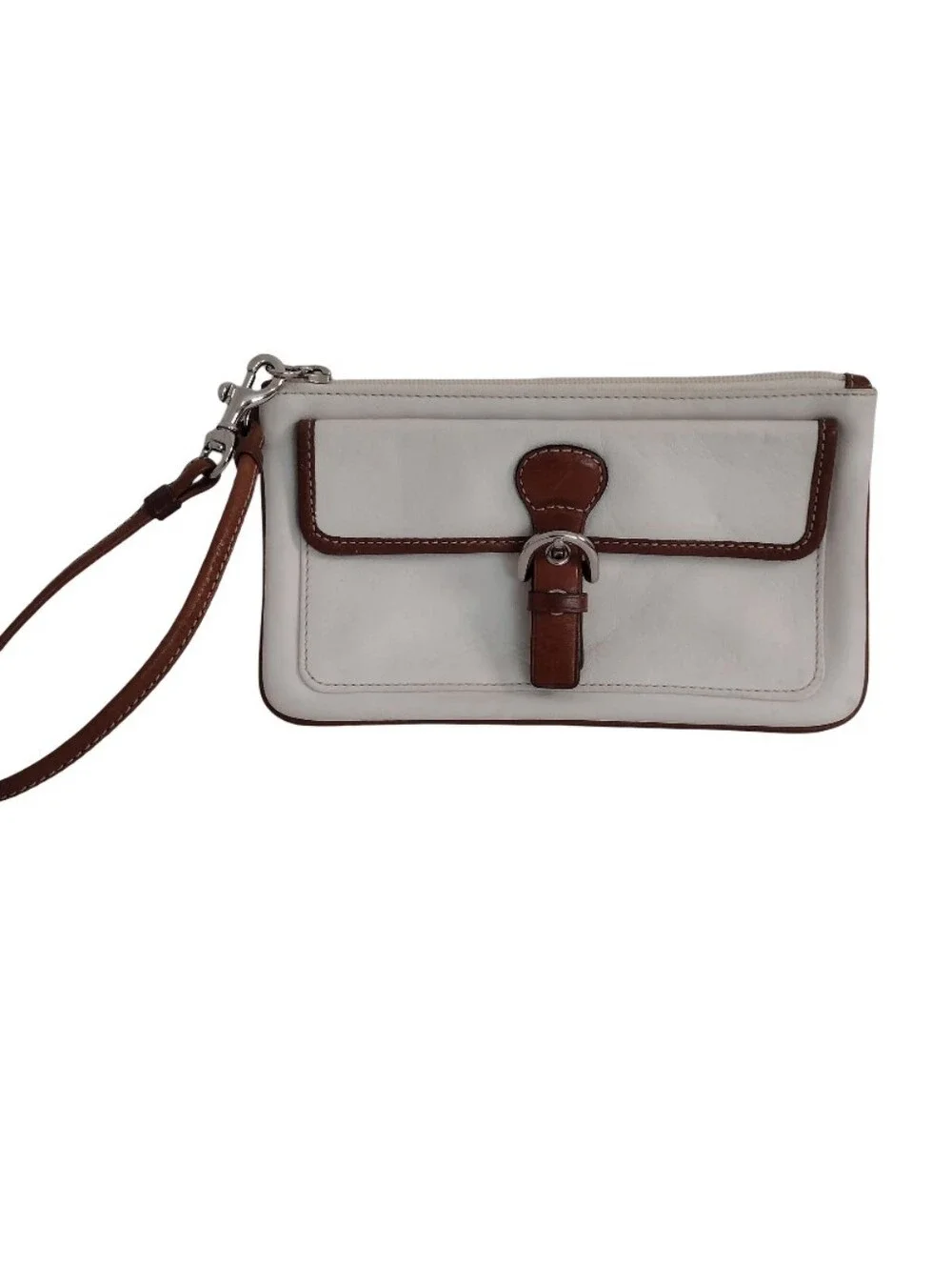 Vintage Y2K Coach Soho Wristlet Wallet White Leather Brown Trim Buckle